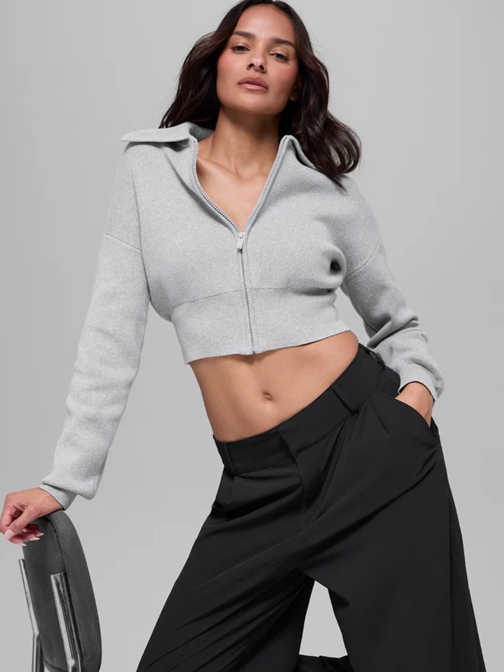 ALO Yoga Heather Grey Scholar Knit Cropped Full Zip Jacket